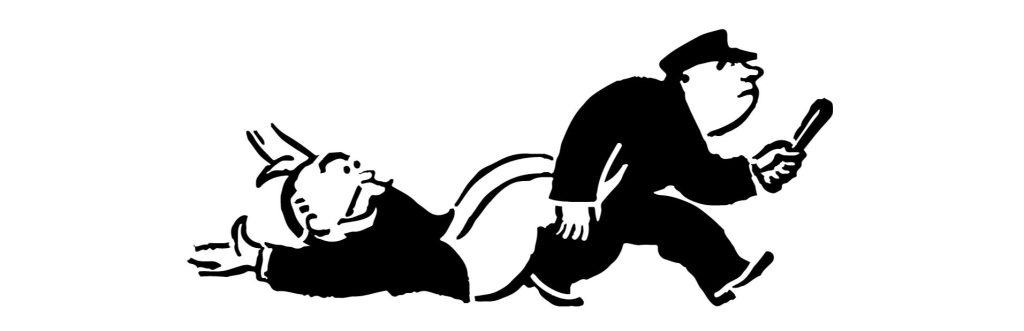 Black ink cartoon image from the Monopoly card “go directly to jail”: Mr. Monopoly being dragged on his back by a police officer carrying a billy club.